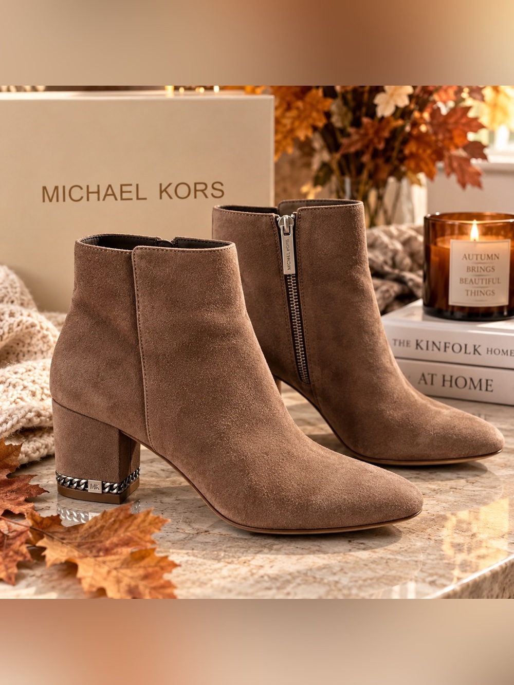 Michael Kors Tan Suede Ankle Boots Chain block Heel Size 9.5